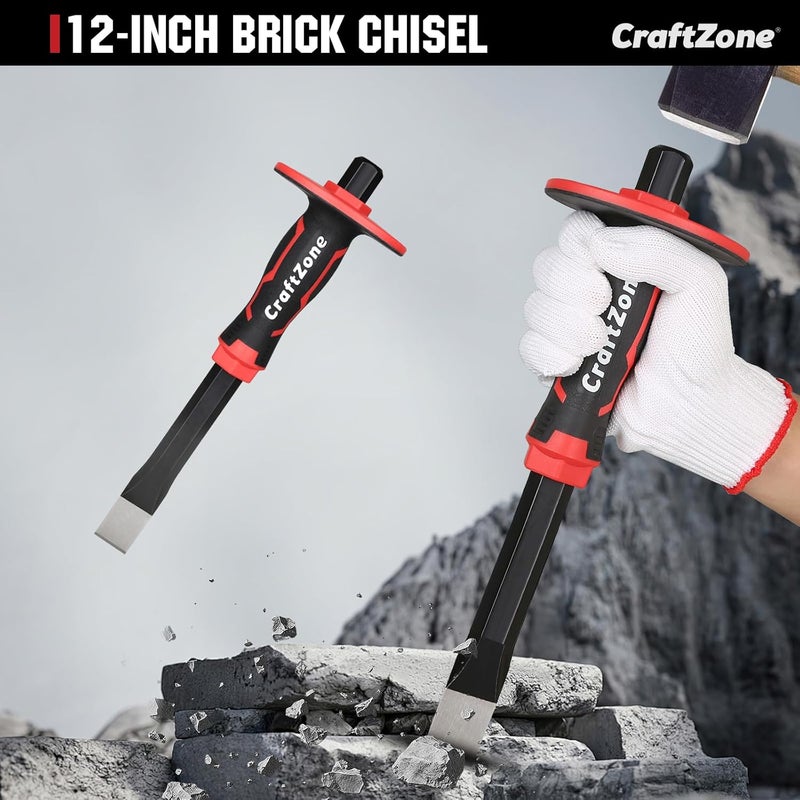CRAFTZONE Masonry Chisel, Heavy Duty Flat End Rock Concrete Mortar Stone Brick Chisel with Protective Hand Guard for Breaking Carving Splitting Cutting Mason Tools (12-Inch) - Image 3